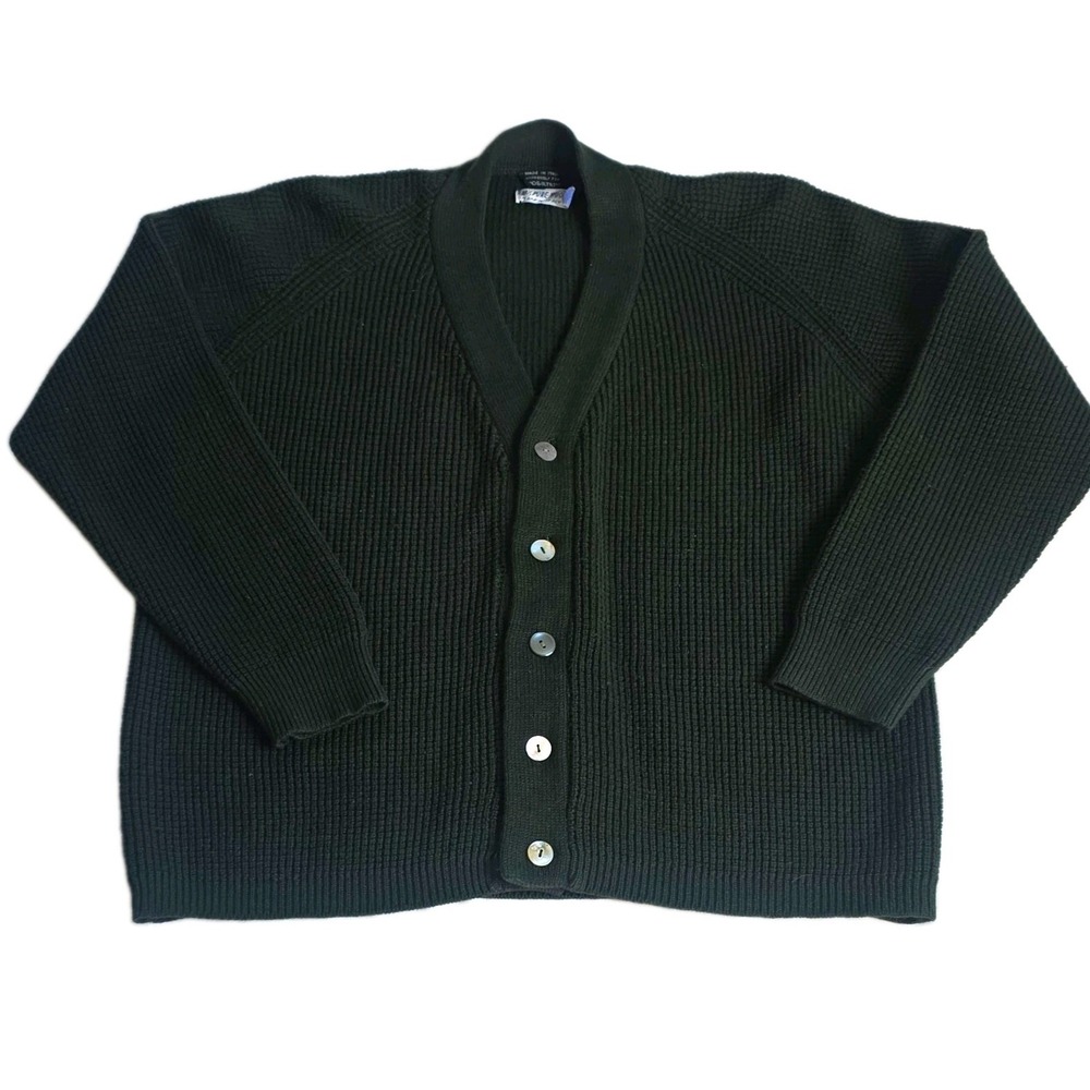 Vintage 60s Roos Atkins Olive Waffle Knit Wool Cardigan Large Made in Italy